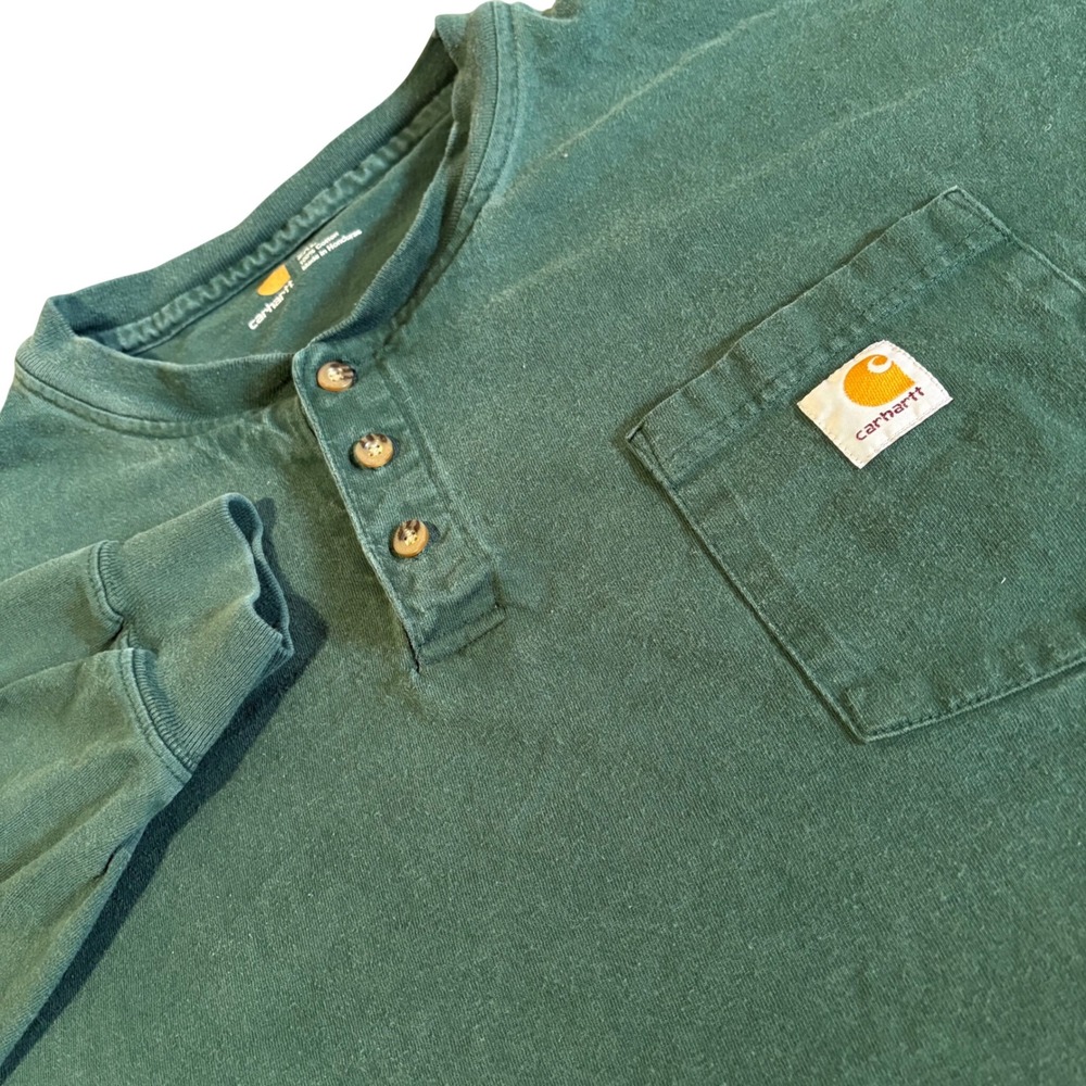 Carhartt Henley Shirt Mens 2XL Green Long Sleeve K128 HTG Pocket Workwear